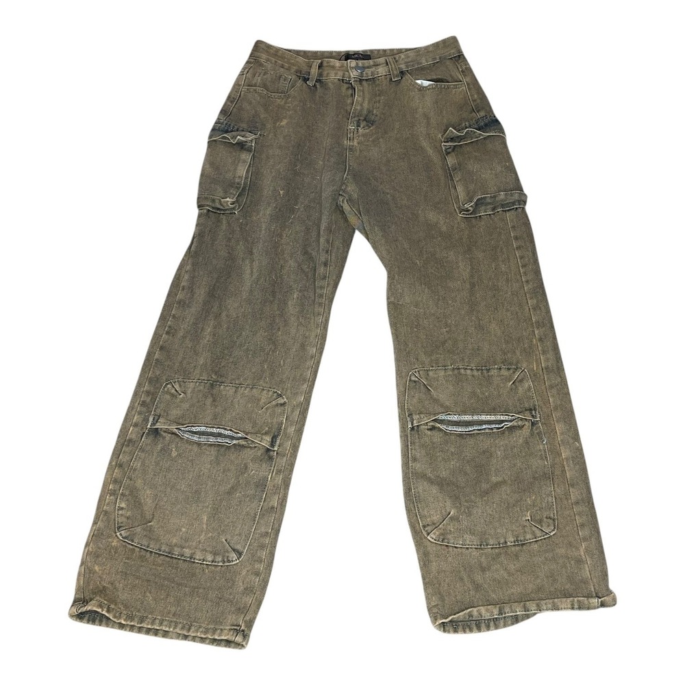 Micas Brown Acid Wash Cargo Pants Wide Leg Utility Streetwear LARGE - W28 x L28